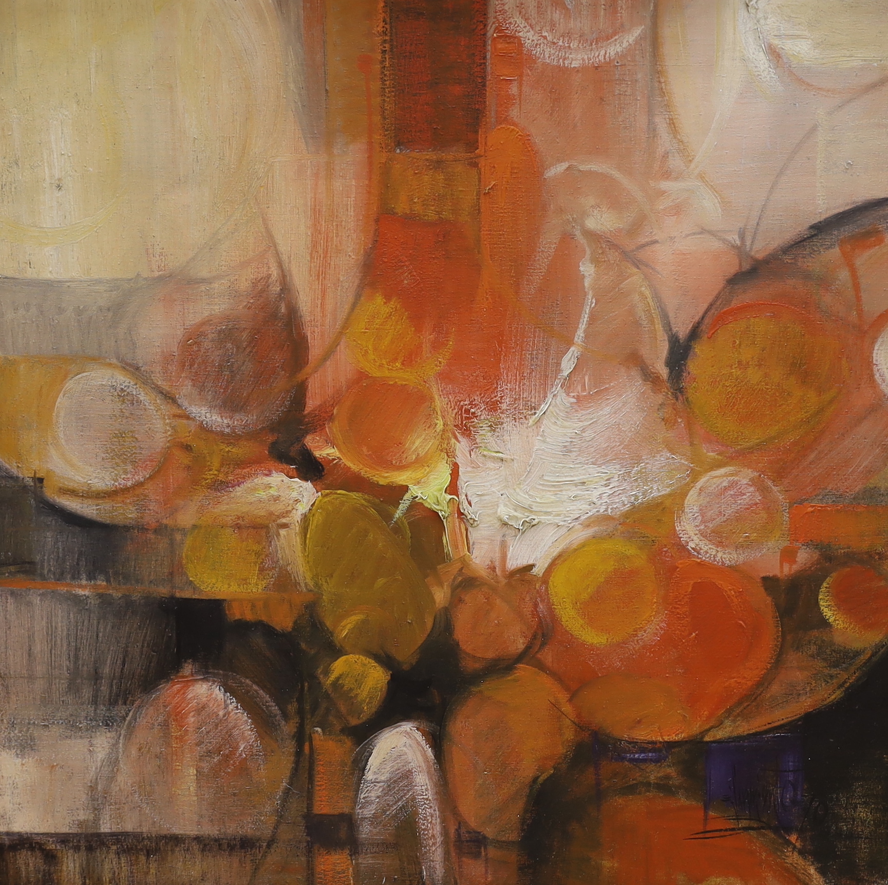 Contemporary impasto oil on canvas, Abstract composition in orange, indistinctly signed and dated 1970, 75 x 75cm